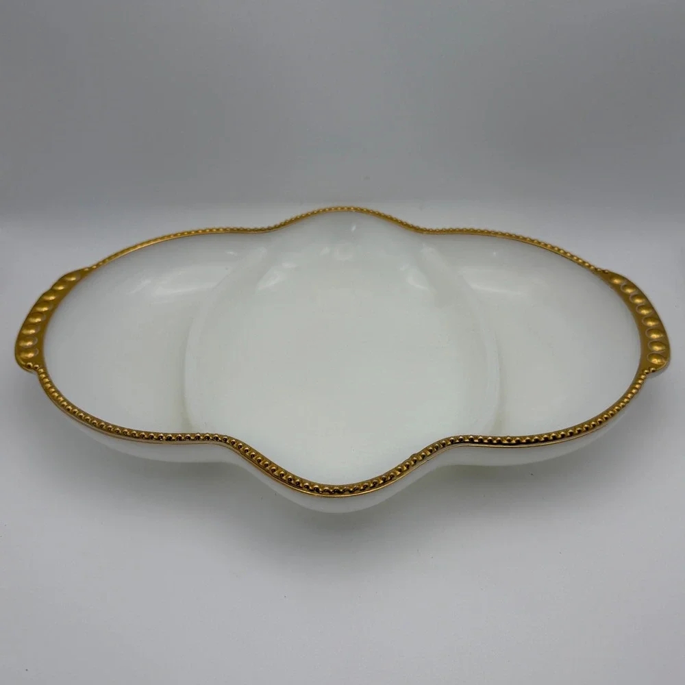 Fire King Milk Glass Divided Relish Tray‎ Gold Beaded Rim Scalloped Vintage 11